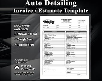 Auto Detailing Estimate or Invoice Template, Auto Detailing Checklist Template for Auto Cleaning Services, Editable in Word or Google Docs