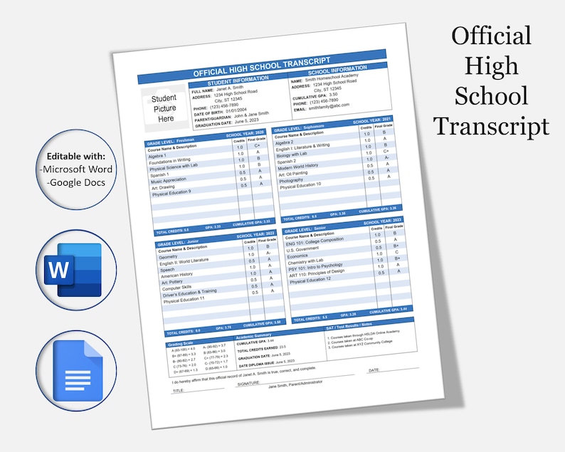 Fillable Printable High School Transcript Template Homeschool Etsy