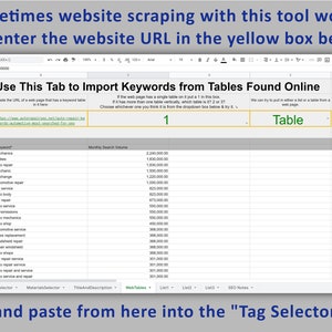 May include: A screenshot of a Google Sheet with a table of keywords and their monthly search volume. The table is titled "Use This Tab to Import Keywords from Tables Found Online". The URL "https://www.autorepair.net/auto-repair-keywords-automotive-most-searched-for-seo" is highlighted in yellow.