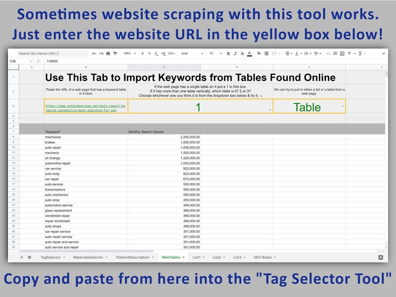 May include: A screenshot of a Google Sheet with a table of keywords and their monthly search volume. The table is titled "Use This Tab to Import Keywords from Tables Found Online". The URL "https://www.autorepair.net/auto-repair-keywords-automotive-most-searched-for-seo" is highlighted in yellow.