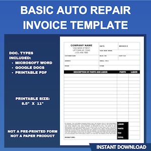 Puede incluir: Plantilla de factura de reparación de automóviles imprimible en blanco y negro con el texto "BASIC AUTO REPAIR INVOICE TEMPLATE" en la parte superior. La plantilla incluye campos para el nombre de la empresa, la fecha, el número de factura, el nombre del cliente, la dirección, el teléfono, la marca del vehículo, el modelo, el año, el kilometraje, el número de serie, el VIN, otros, descripción de las piezas y la mano de obra, piezas, mano de obra, mano de obra, piezas, impuestos, total y firma.