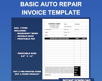 Basic Auto Repair Invoice Template for Mechanics or any Other Type of Automotive Repair Like Auto Glass or Auto Trim and Upholstery Invoice