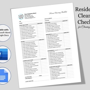 May include: A black and white checklist for residential cleaning services. The checklist includes sections for living room, kitchen, bedrooms, bathrooms, stairs and entry hallways. The checklist is editable with Microsoft Word and Google Docs.
