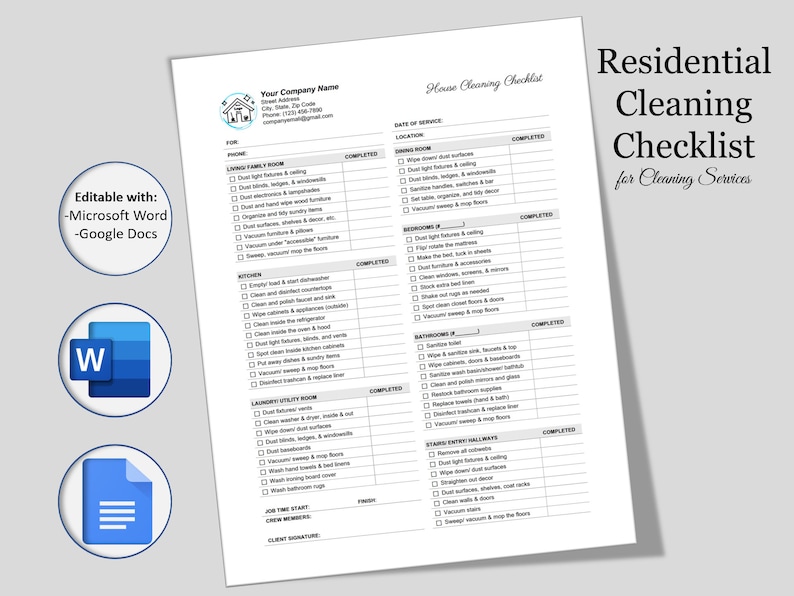 May include: A black and white checklist for residential cleaning services. The checklist includes sections for living room, kitchen, bedrooms, bathrooms, stairs and entry hallways. The checklist is editable with Microsoft Word and Google Docs.