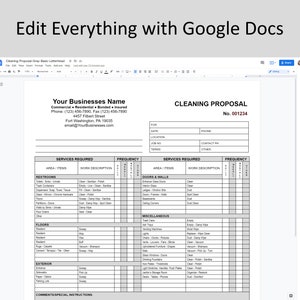 May include: A cleaning proposal document displayed in Google Docs. The document includes sections for services required, area/items, work description, and frequency. The document also includes the business name, contact information, and proposal number.