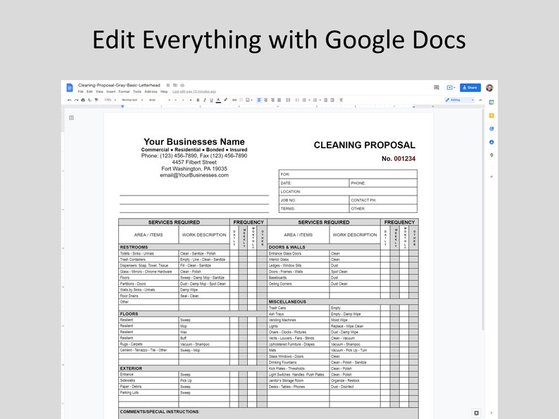 May include: A cleaning proposal document displayed in Google Docs. The document includes sections for services required, area/items, work description, and frequency. The document also includes the business name, contact information, and proposal number.
