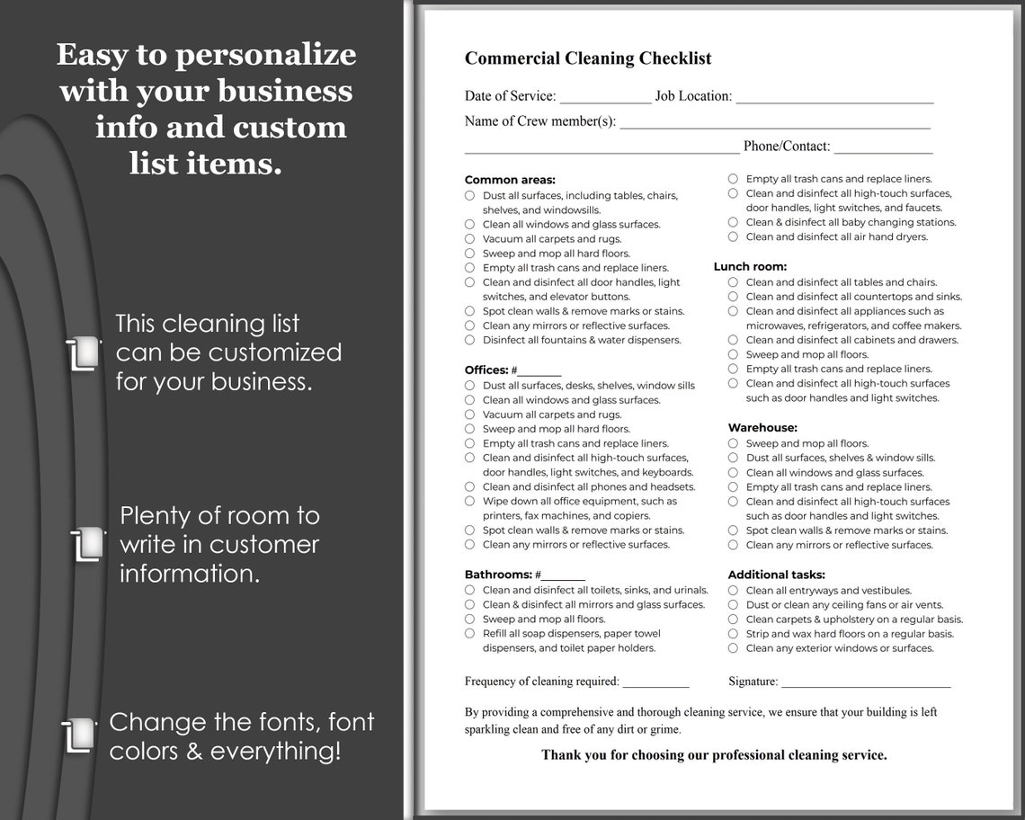 EDITABLE Office Cleaning Checklist Template for Business and Commercial ...