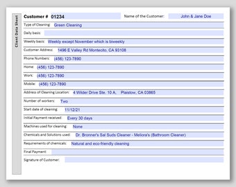 Cleaning Business Customer Data Sheet, Includes editable Adobe Acrobat PDF, Microsoft WORD, Google Docs Templates, Janitorial Services Log