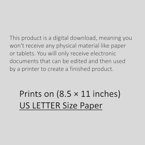 K&ouml;nnte beinhalten: Text, der erkl&auml;rt, dass dieses Produkt ein digitaler Download ist, d. h. Sie erhalten elektronische Dokumente, die bearbeitet und auf US-Letter-Papier im Format 8,5 x 11 Zoll gedruckt werden k&ouml;nnen.