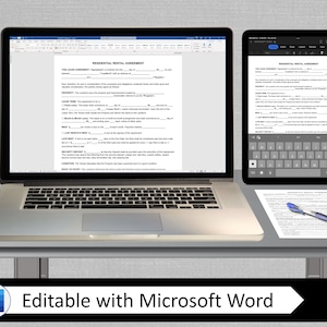 K&ouml;nnte beinhalten: Ein Laptop mit einem ge&ouml;ffneten Word-Dokument auf dem Bildschirm. Das Dokument ist ein Wohnmietvertrag. Der Laptop steht auf einem grauen Tisch mit einem Tablet-Computer und einer gedruckten Kopie des Vertrags. Der Text auf dem Bildschirm lautet "RESIDENTIAL RENTAL AGREEMENT". Der Text auf dem Tisch lautet "Editable with Microsoft Word".