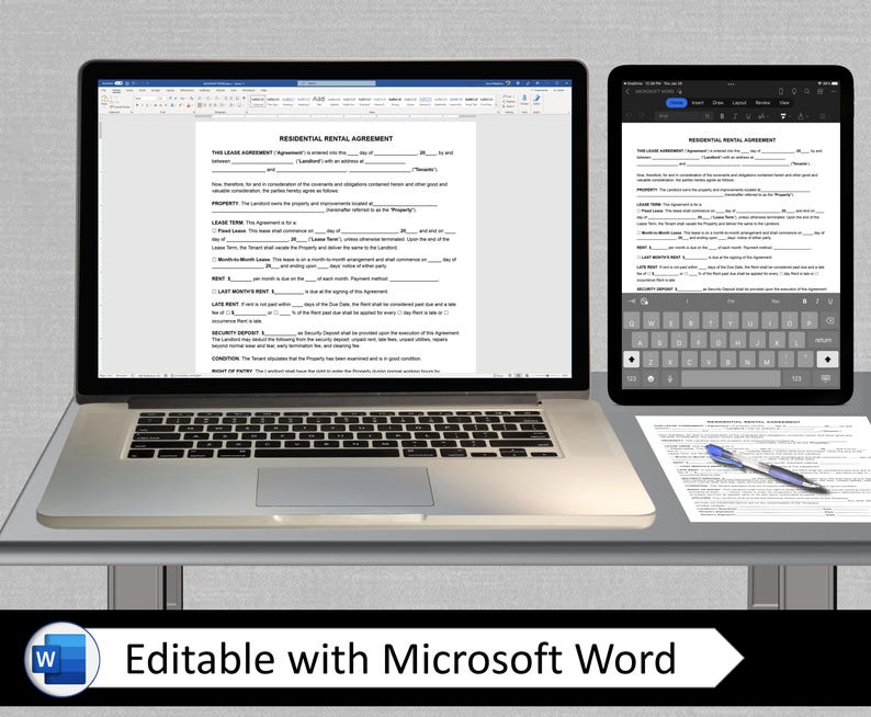 K&ouml;nnte beinhalten: Ein Laptop mit einem ge&ouml;ffneten Word-Dokument auf dem Bildschirm. Das Dokument ist ein Wohnmietvertrag. Der Laptop steht auf einem grauen Tisch mit einem Tablet-Computer und einer gedruckten Kopie des Vertrags. Der Text auf dem Bildschirm lautet "RESIDENTIAL RENTAL AGREEMENT". Der Text auf dem Tisch lautet "Editable with Microsoft Word".