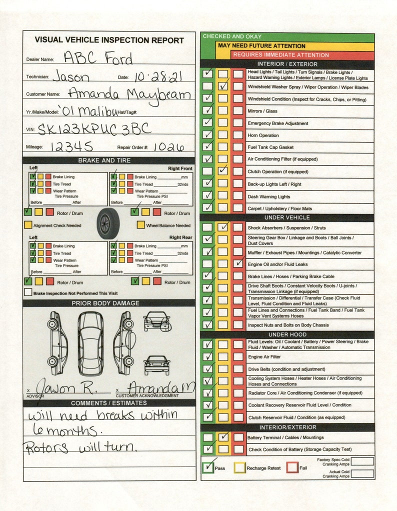 Visual Vehicle Inspection Report Multi-point Inspection - Etsy
