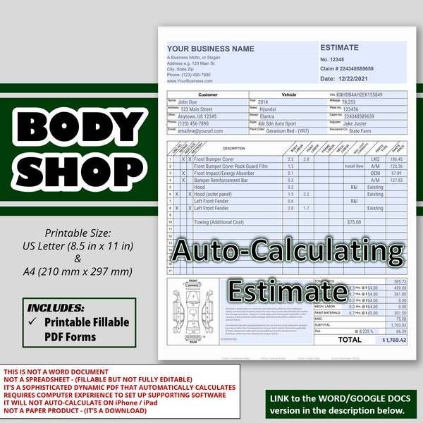 Auto Body Repair ESTIMATE, Body Shop COLLISION Estimate/Invoice, Body Work Repair Estimate for Car DAMAGE, Dent and Paint Repair
