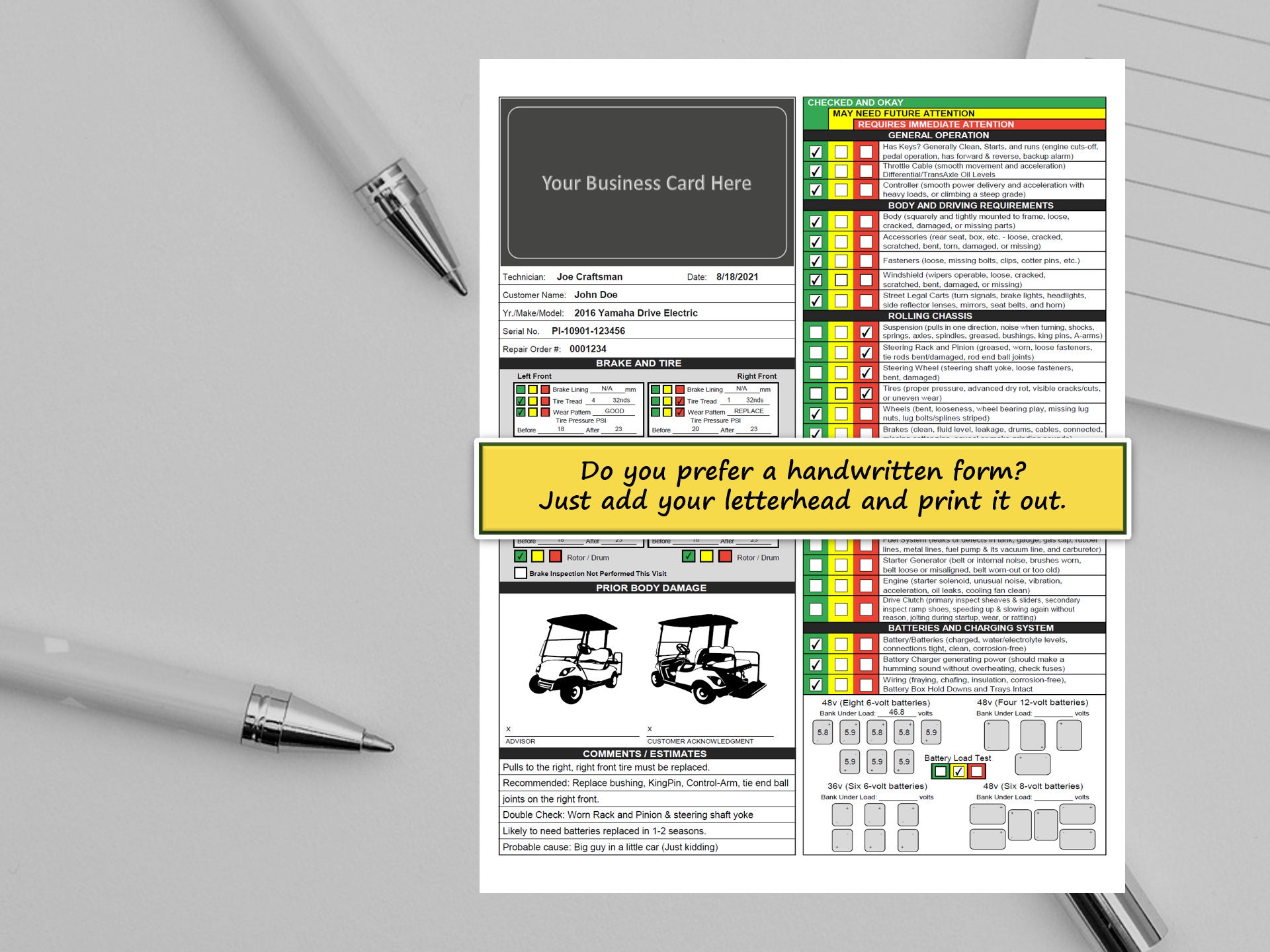Visual Golf Cart Inspection Report Checklist Golf Cart Rental Etsy