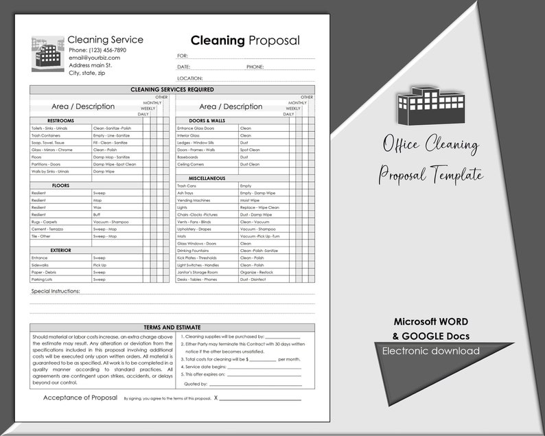 Office Cleaning Proposal Template, Editable Cleaning Service Estimate
