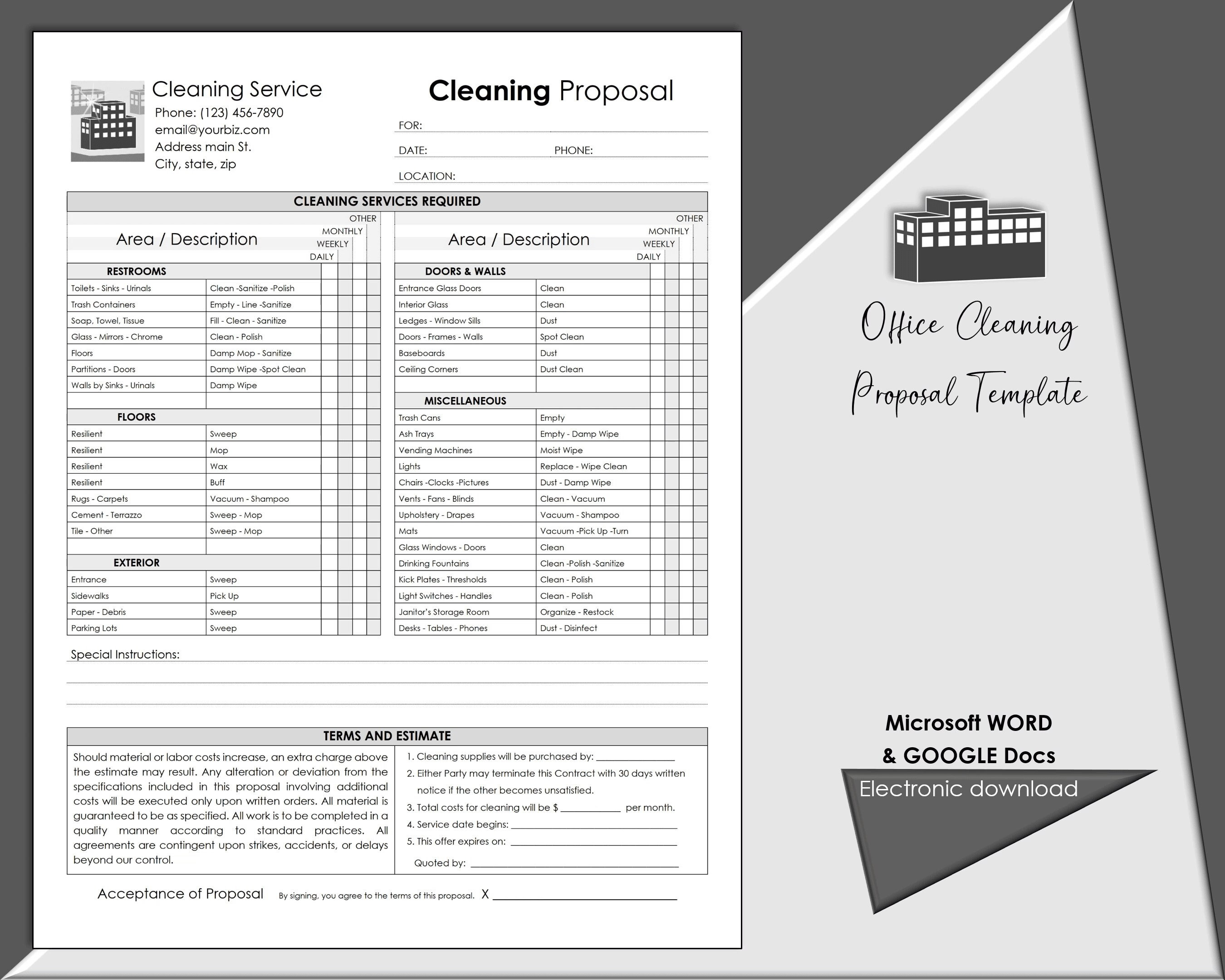 Office Cleaning Proposal Template, Editable Cleaning Service Estimate Office Cleaning Proposal Template, Editable Cleaning Service Estimate