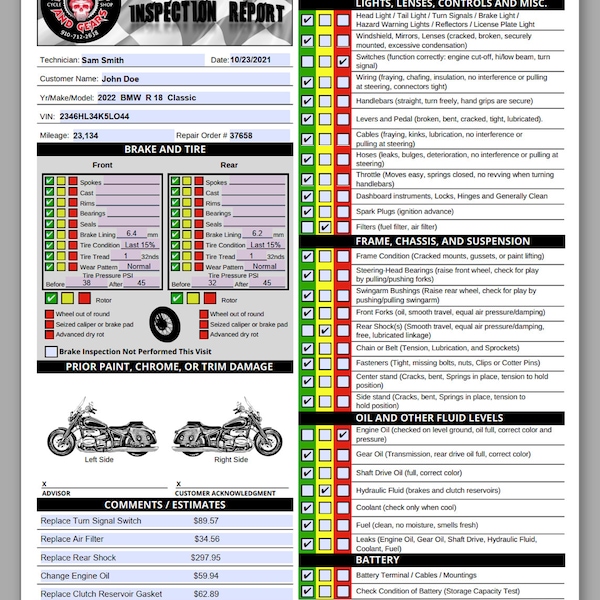 Visual Motorcycle Inspection Report | Fillable PDF Multi-Point Motorcycle Inspection Checklist and Worksheet | Fill and Print