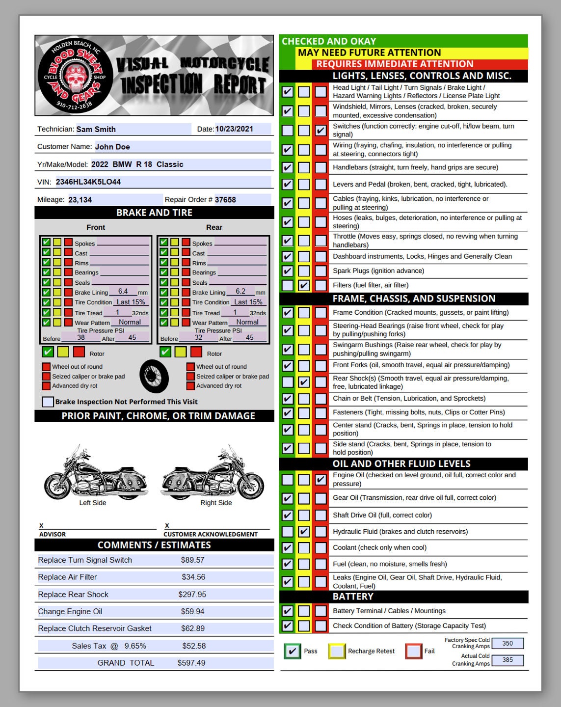 Visual Motorcycle Inspection Report | Fillable PDF Multi-Point Motorcycle Inspection Checklist and Worksheet | Fill and Print