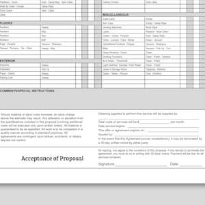 May include: A white document detailing a cleaning service proposal, with sections for floors, exterior, and miscellaneous tasks. The form includes the text "Acceptance of Proposal" and spaces for signatures and dates.