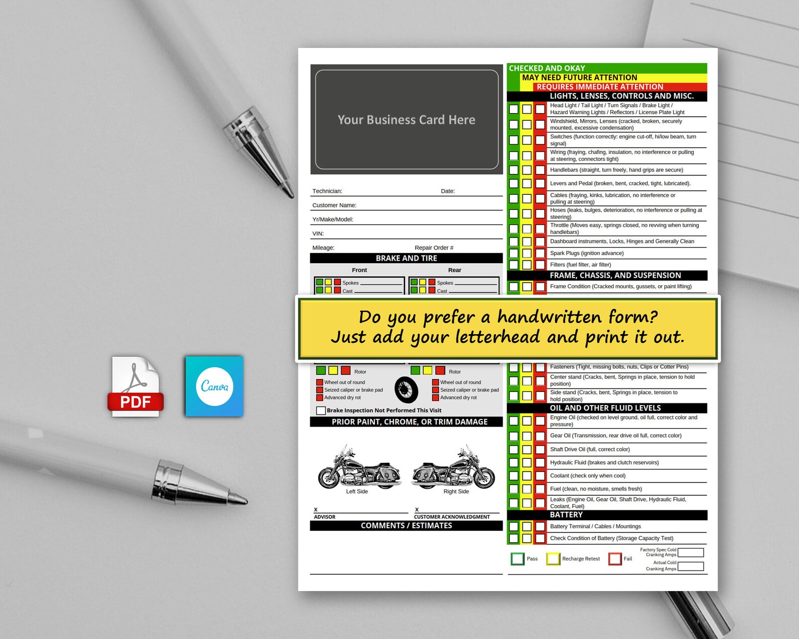 Visual Motorcycle Inspection Report Fillable PDF Multi point 