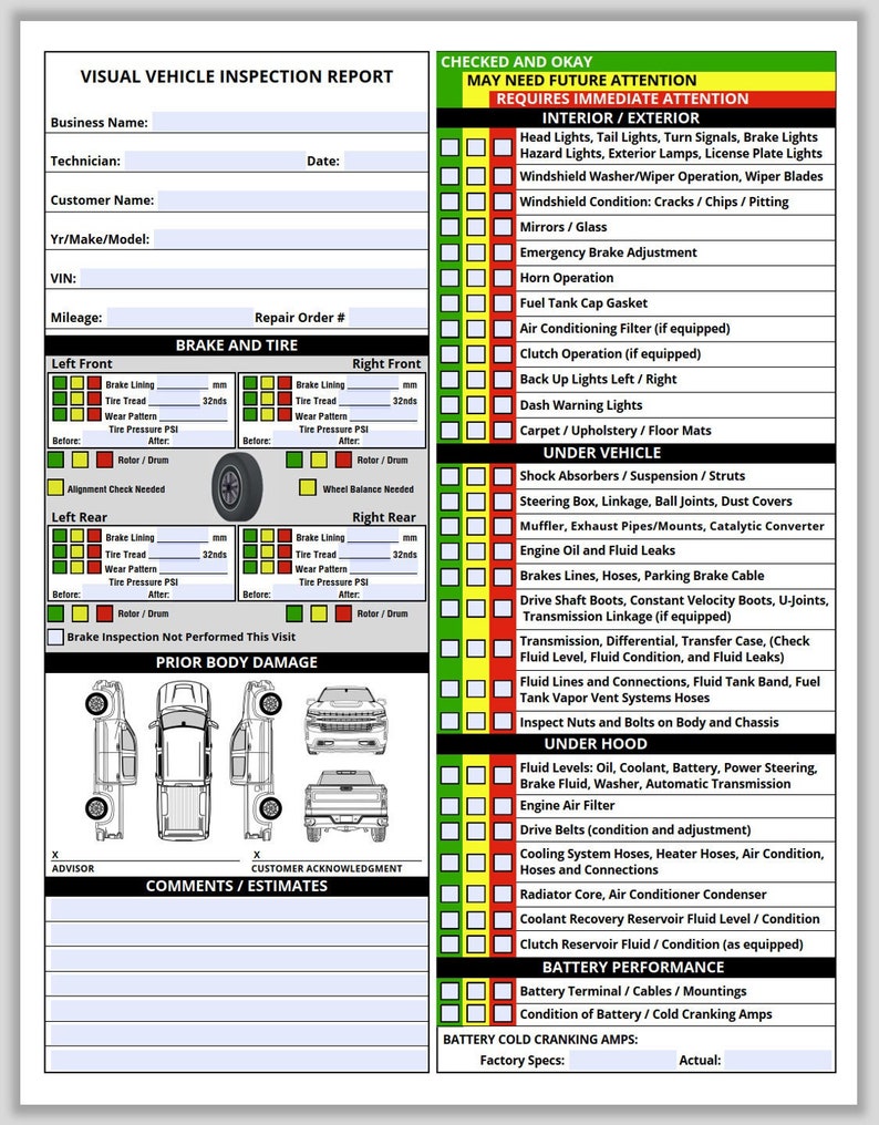 Vehicle Inspection Report for Pickup Truck Inspection Checklist, Multi