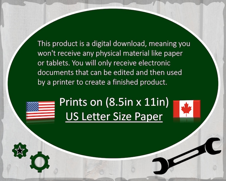 May include: Digital download graphic for printing on 8.5 x 11 inch US Letter size paper. The graphic features the text "Prints on (8.5in x 11in) US Letter Size Paper" with an American flag and a Canadian flag on either side.