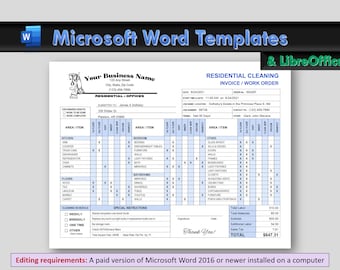 May include: A residential cleaning invoice template for Microsoft Word. The template includes a checklist for cleaning tasks, a section for customer information, and a pricing table. The invoice is dated 6/24/2021 and includes a total cost of $647.31.