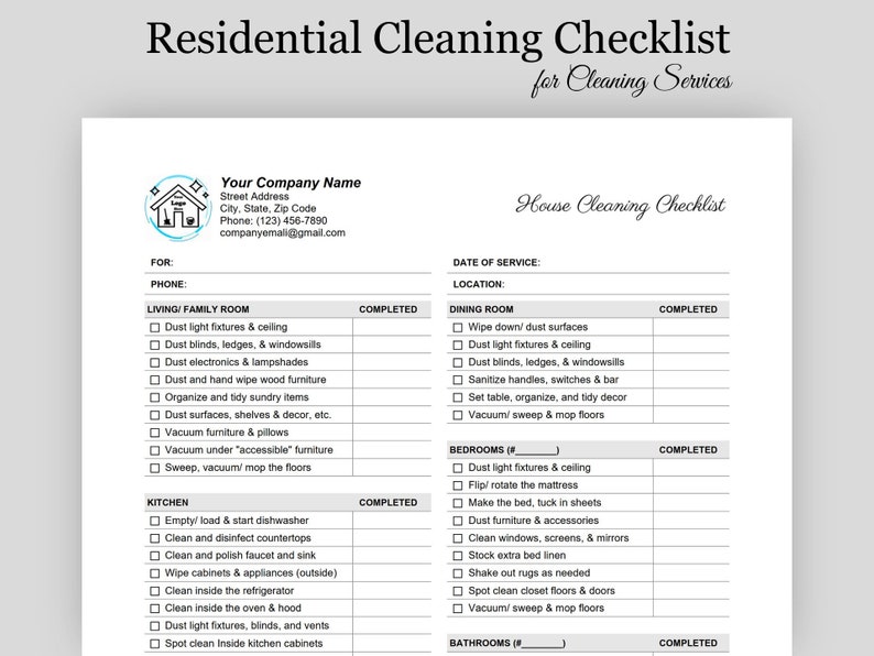 May include: A printable house cleaning checklist with sections for living room, kitchen, dining room, bedrooms, and bathrooms. Each section has a list of tasks to be completed, such as dusting, vacuuming, and mopping.