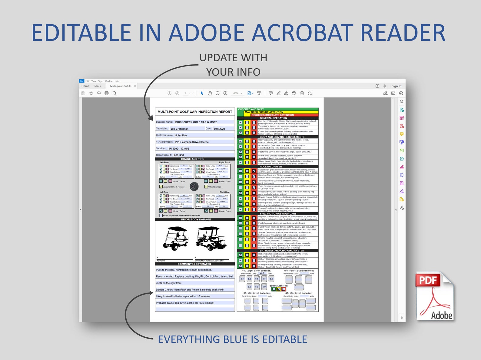 Visual Golf Cart Inspection Report Checklist, Golf Cart Rental Check In
