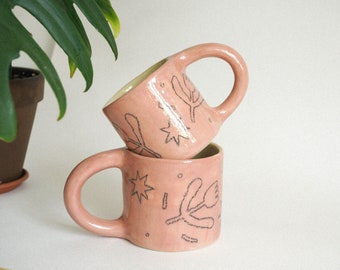 Pink ceramic flower mug, Handmade aesthetic mug, Large ceramic floral mug, Cute gift for her, Cottagecore mug, Handmade ceramics