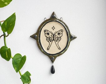 Celestial Wall Hanging Decor Frame with Moth, Magic Ceramic tile art, Ceramic home altar, Yoga gift, Unique Ceramic wall art, Boho decor