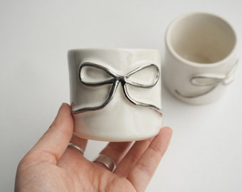 Set of Two Small Cups with Silver Bow, Cute Espresso Cup Set, Handmade Ceramics, Unique ceramic cups, Aesthetic Ceramic Small Mug