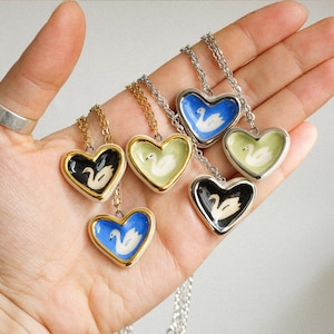 Ceramic Pendant Necklace with Swan, Heart shape ceramic necklace, Handmade ceramic jewelry, Gift for her, Unique ceramic swan pendant