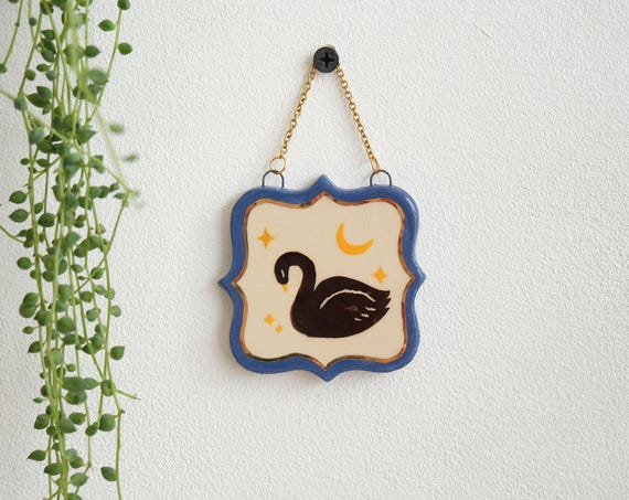 Ceramic Mini Wall Hanging with Black Swan and Moon, Handmade ceramics, Nursery Swan Decor, Ceramic wall art, Cottagecore boho decor