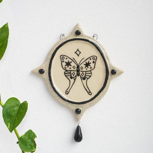 Celestial Wall Hanging Decor Frame with Moth, Magic Ceramic tile art, Ceramic home altar, Yoga gift, Unique Ceramic wall art, Boho decor