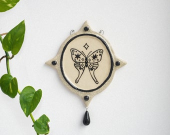 Celestial Wall Hanging Decor Frame with Moth, Magic Ceramic tile art, Ceramic home altar, Yoga gift, Unique Ceramic wall art, Boho decor