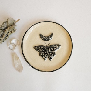 Celestial Moth and Moon Ceramic tray, Ceramic jewelry dish, Witchy gift, Handmade ceramics, Crystal plate, Magic home decor, Altar decor