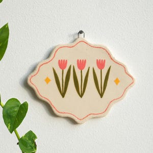 Ceramic flower frame wall hanging, Cottagecore decor, Handmade ceramic tile art, Unique nursery ceramics, Gift for her