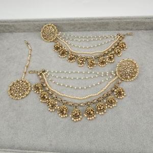 Sona Antique Gold Polki Pearl Stud with Chain Sahara Bahubali Earrings, Tikka Set for Mehndi Sangeet Indian Pakistani Jewellery Gift for Her