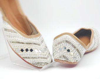Buy Handmade White Silk Jutti Sandal: Pearl Mirror Embroidered