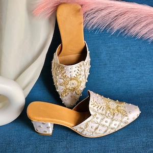 Handmade Bridal Heel Mules: Off White Silk Khussa with Pearl Embroidery