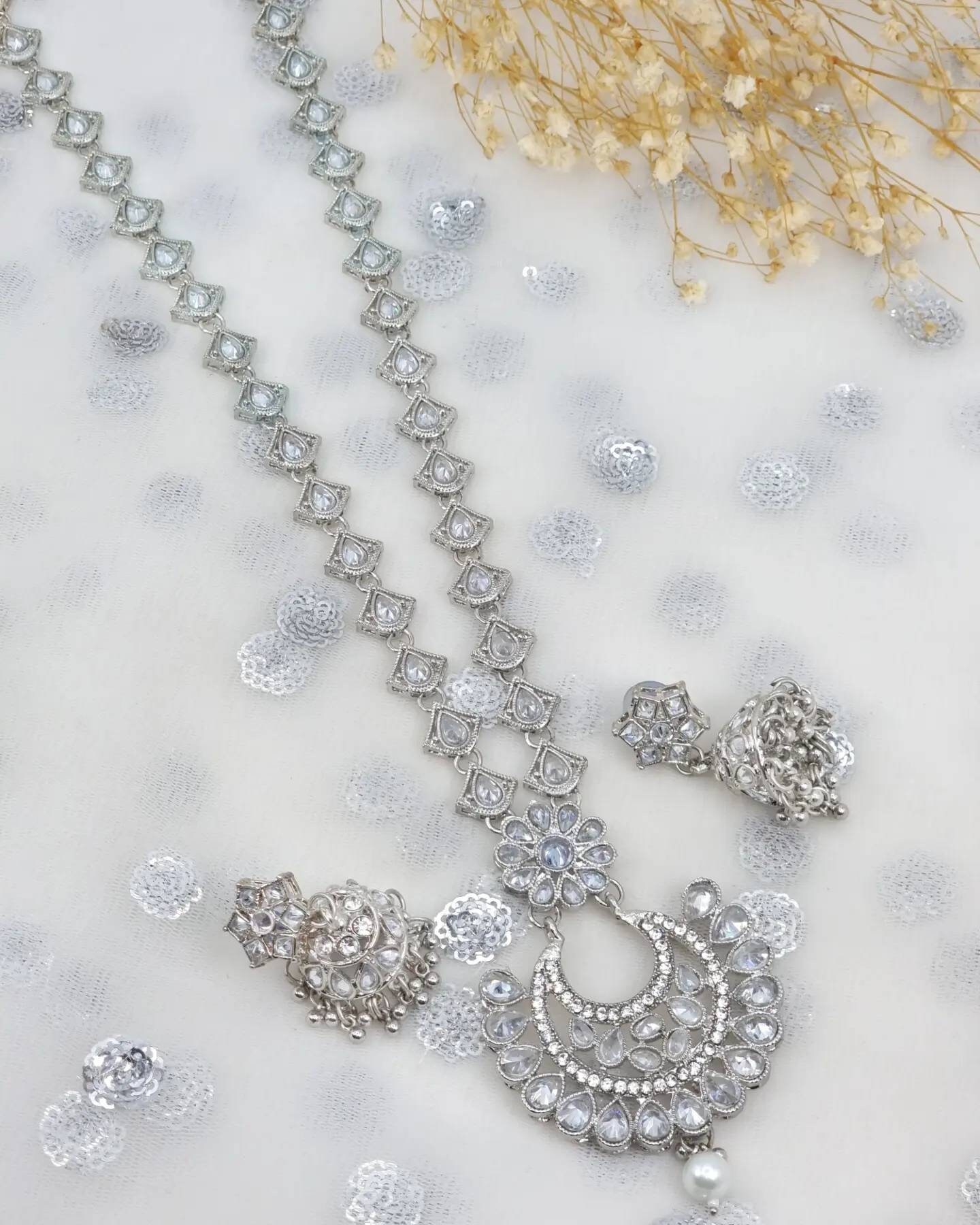 Naira Full Silver Mala Set With Jhumki Earrings and Long Haar