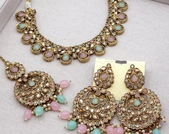 Set Gioielli Antichi India Meridionale Con Collana Choker E Orecchini In Zirconi E Perle, Placcato Oro