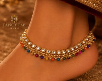 Cavigliere Kundan placcate in oro con perle e campanellini: Payal da sposa indiana, Jhanjar, gioielli da matrimonio del Sud Asia, gioielli indiani, regalo per damigella d'onore