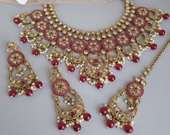 Antique Gold Polki Choker Necklace Set: Indian Bridal Jewelry Set, Necklace Earring Tikka Wedding Bollywood Jewellery Set Green Blue Maroon