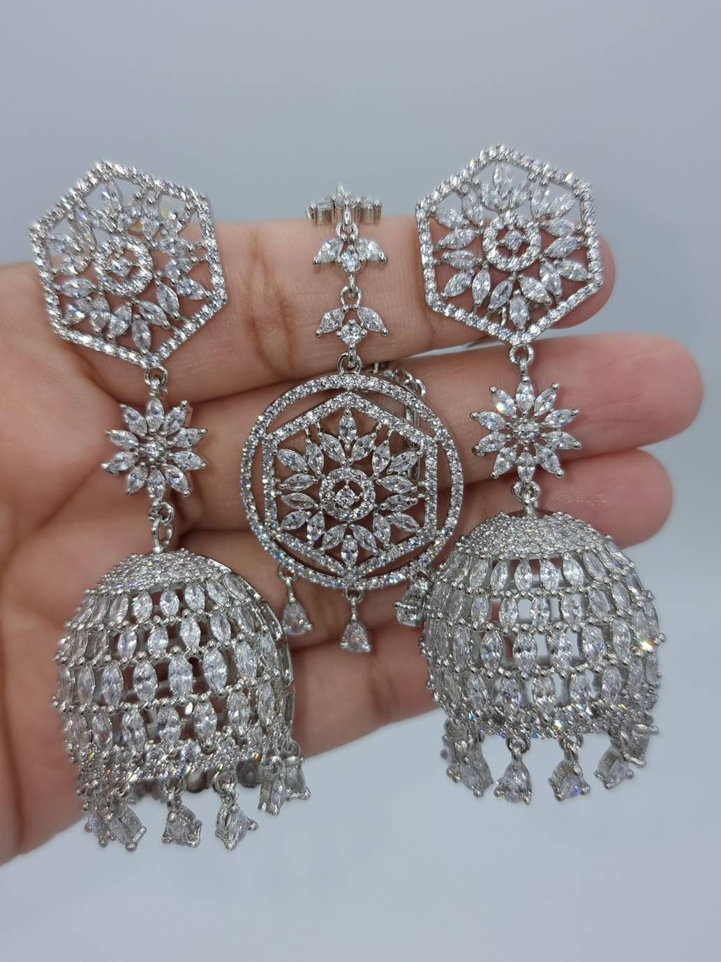CZ Jhumki Earrings & Tikka Set: Indian Wedding Jewelry - Etsy