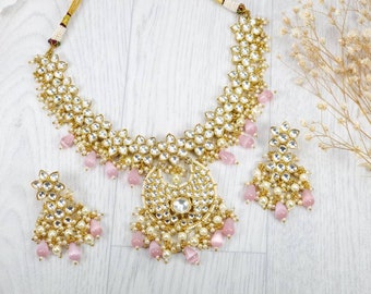 Conjunto de collar Kundan Polki rosa bebé: joyería india con pendientes