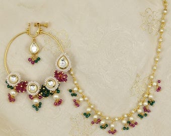 Kundan Bridal Nose Ring with Chain, Gold Polki Pearl Nath, Non Pierced Indian Nose Hoop, Wedding Nose Jewelry, Ethnic Statement Jewelry
