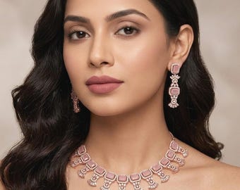 Indian CZ Jewelry Set, American Diamond Necklace with Earrings, Statement Wedding Jewellery, Bridal Necklace Set, Bridesmaid Jewelry Gift
