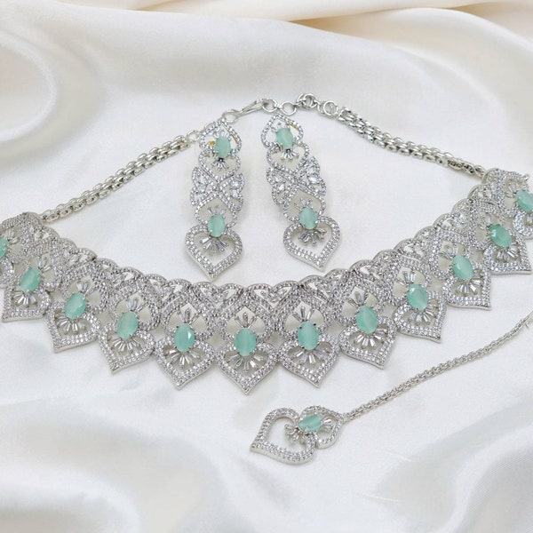 Silver and Mint 'Mahi' American Diamond CZ Necklace Set , AD Jewellery , Indian Jewelry , Necklace , Earrings , Bridal Jewelry , CZSet